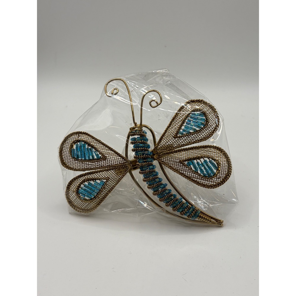 Set of 8 Gold Wire Dragonfly Napkin Rings Blue Beaded Mesh Wings Table Decor